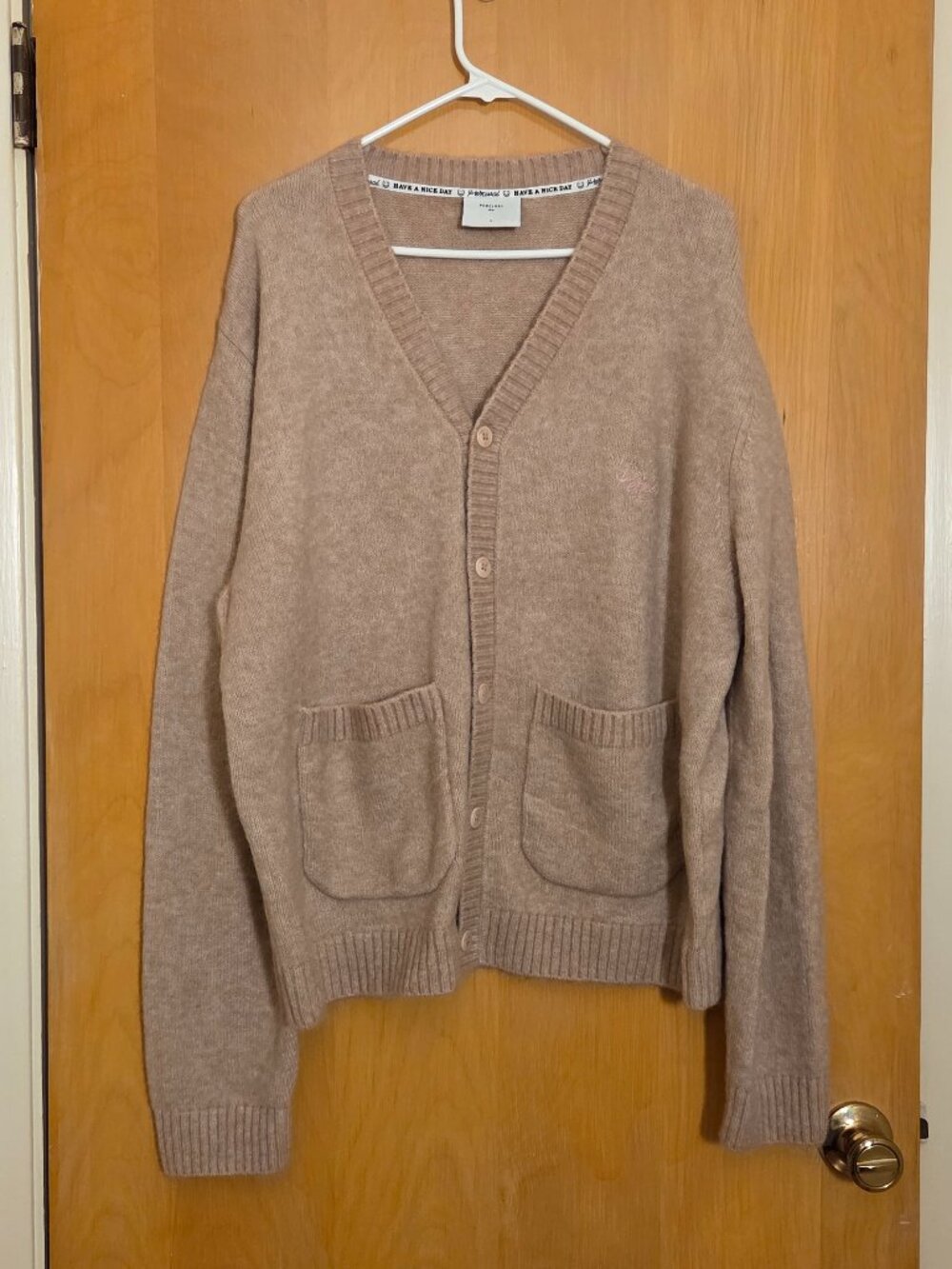 Percival Have A Nice Day Cardigan Sweater Mens L Tan Mohair Wool Preppy Academia